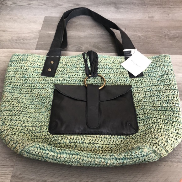 Free People Green En Riva Raffia Tote Black Leather Accents NWT - Picture 14 of 16